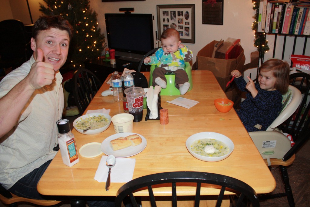 family eating leek and potato soup
