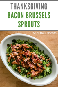 Brussels Sprouts in a bowl with bacon sprinkled on top