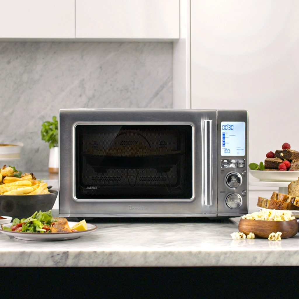 Breville Microwave sitting on marble countertop